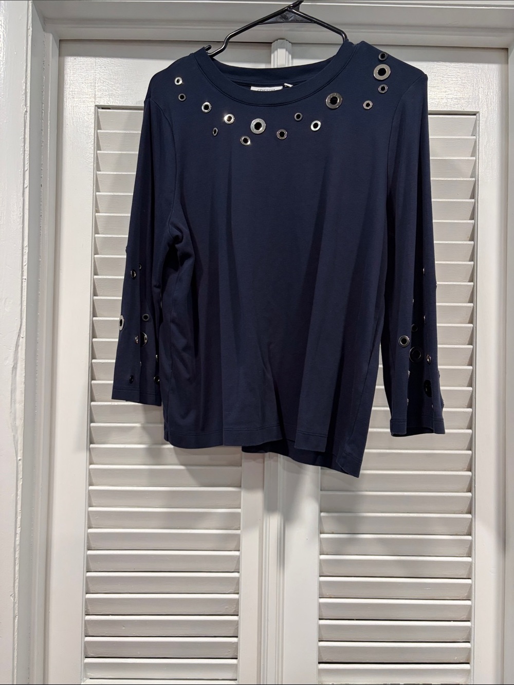Chico's Navy Long Sleeve Top with Eyelet Accents